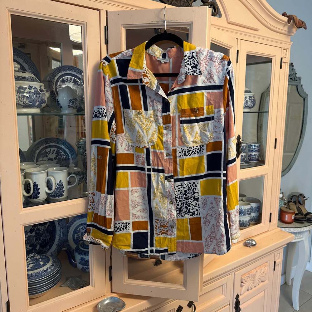 The Odells for Anthropologie Patchwork Abstract Geometric Button Down Shirt